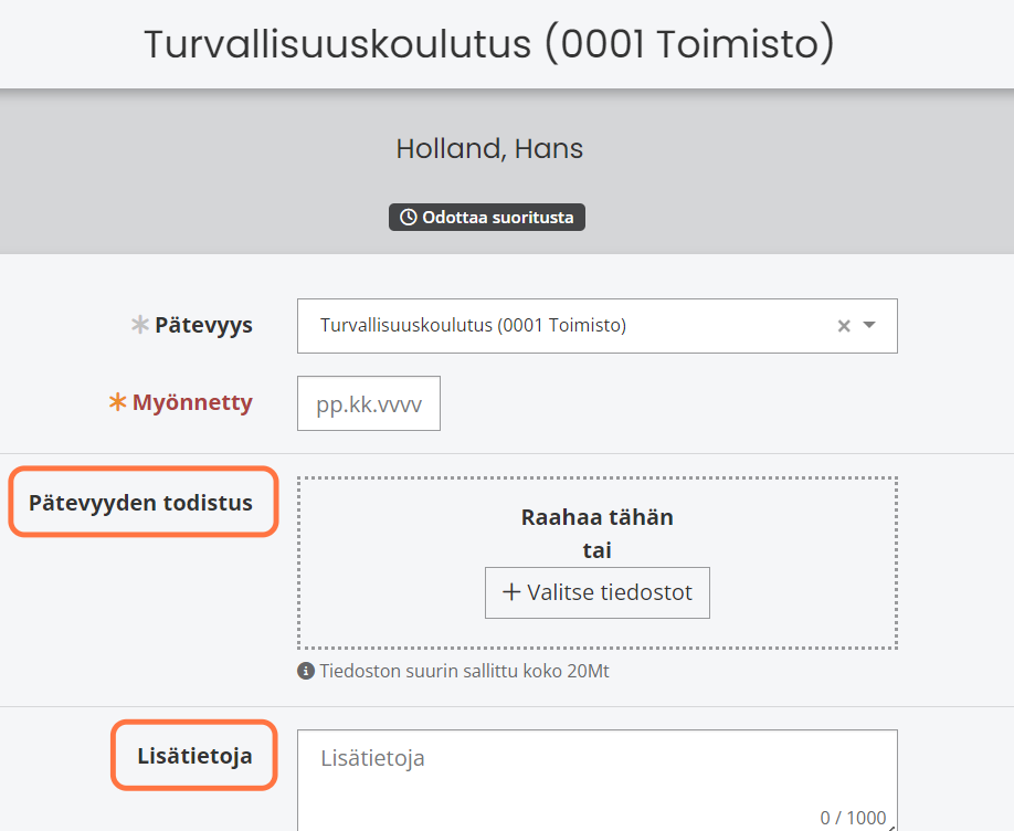 Valitse myöntämispäivämäärä. Voit myös lisätä pätevyyden todistuksen ja lisätietoja.