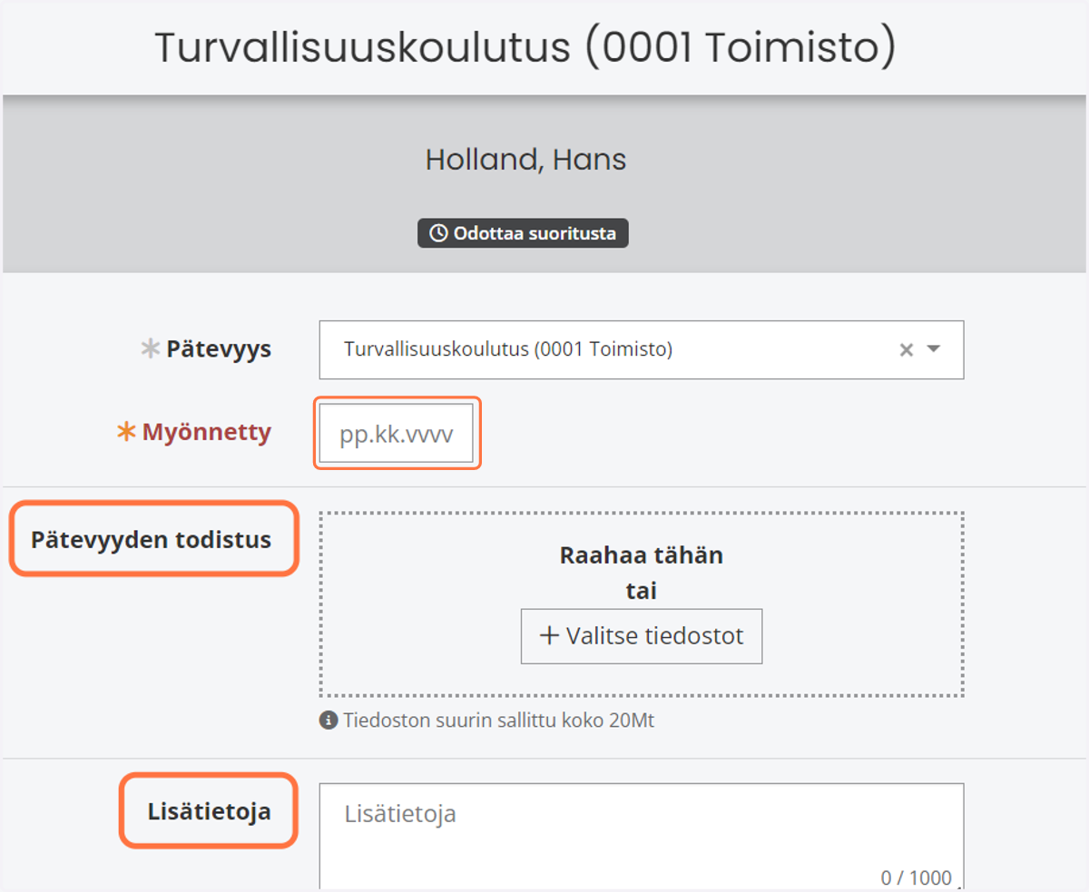 Valitse myöntämispäivämäärä. Voit myös lisätä pätevyyden todistuksen ja lisätietoja.