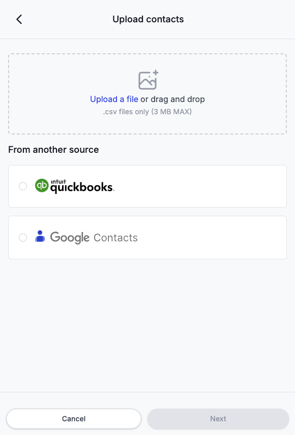 To Import contacts from a spreadsheet like excel or google sheets, click on "Upload a file"