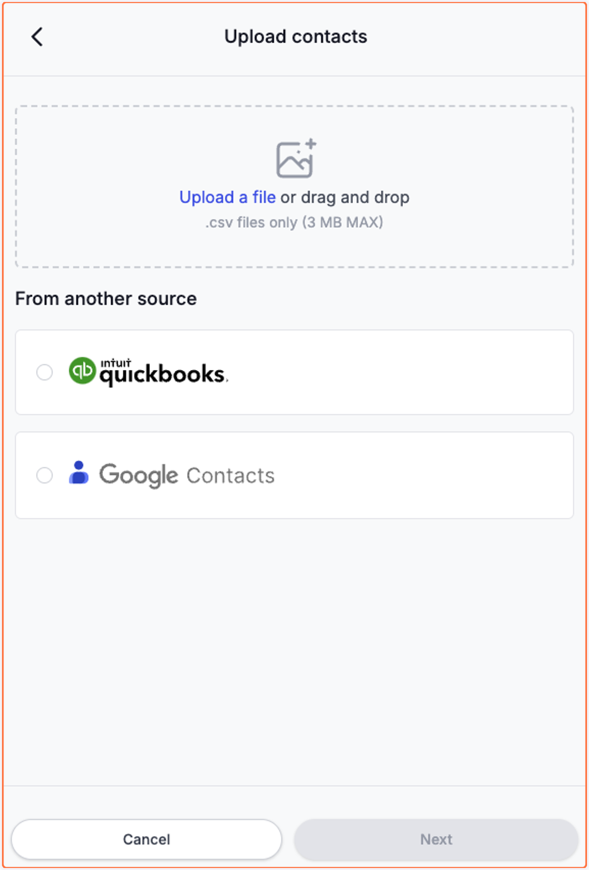 To Import contacts from a spreadsheet like excel or google sheets, click on "Upload a file"