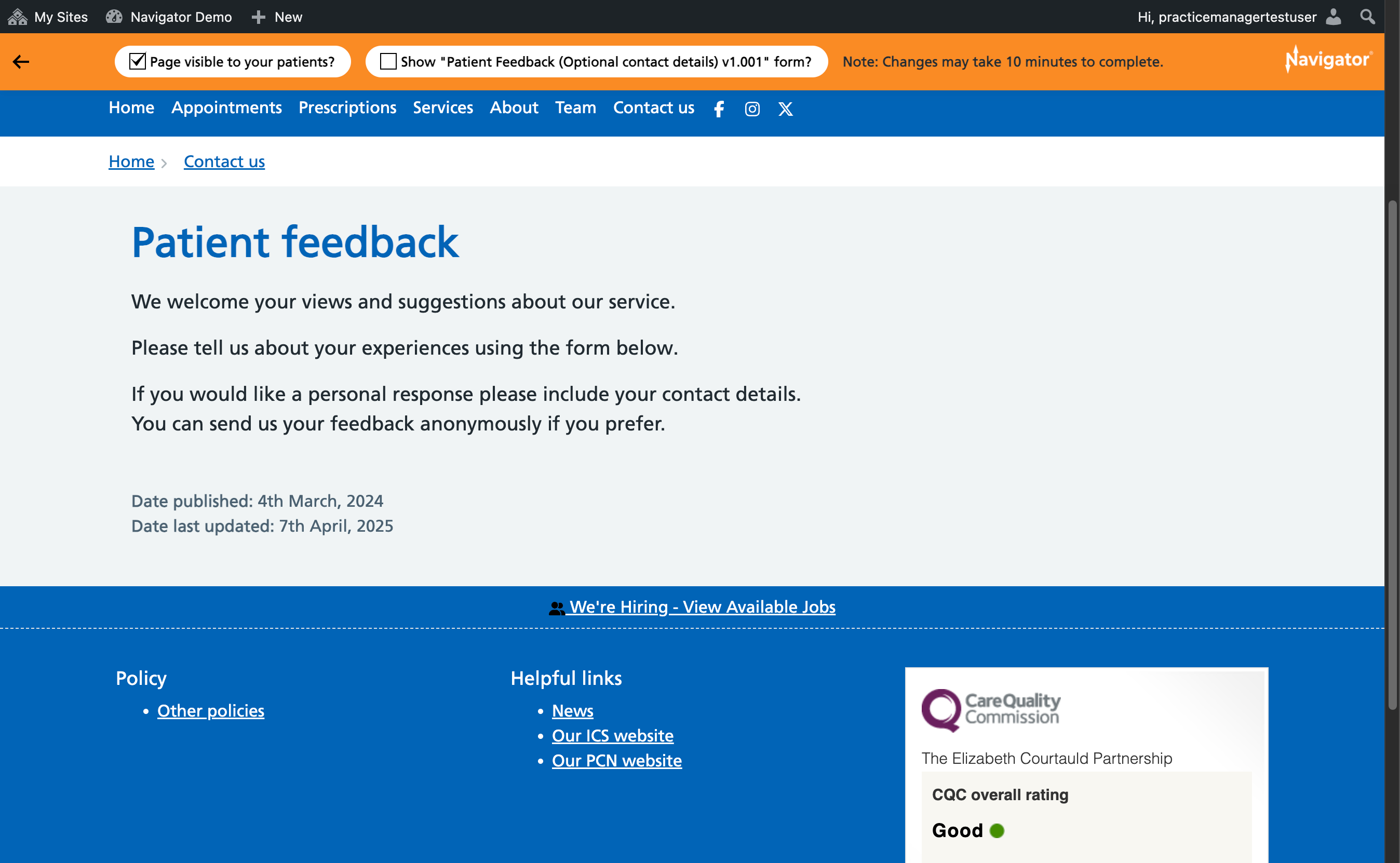 The Patient feedback page with the Show patient feedback box unticked, and the form no longer visible on the page.