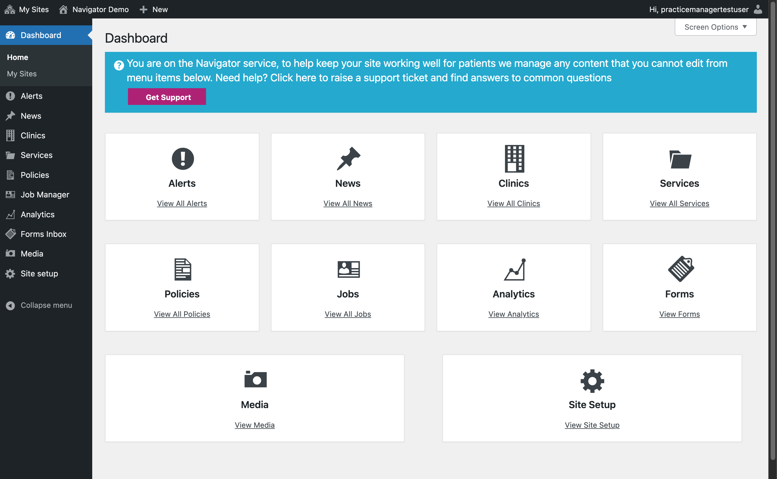The Dashboard of a Navigator website, with Site Setup selected in the bottom right hand corner of the page.