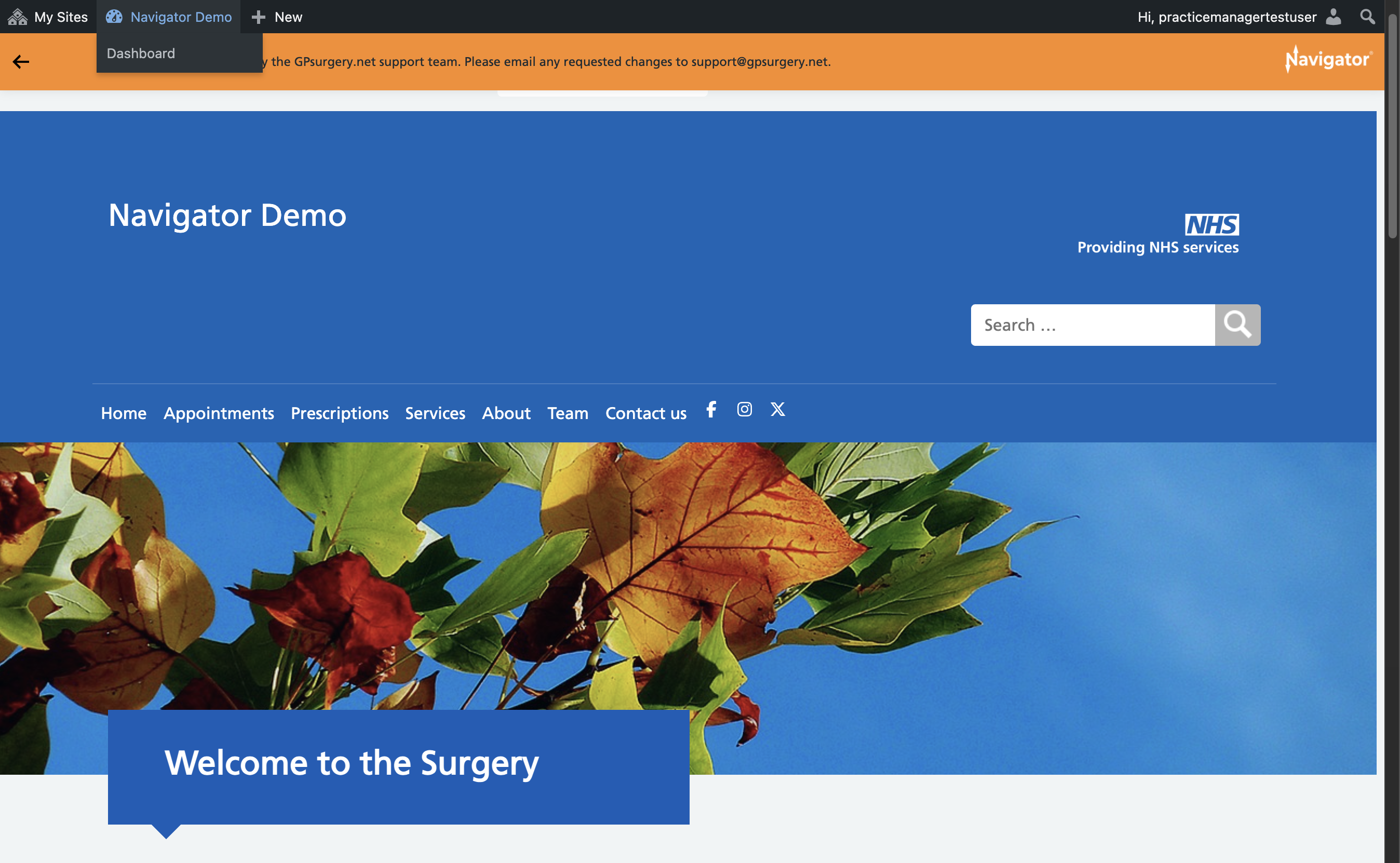 The practice name selected in the Admin Toolbar.