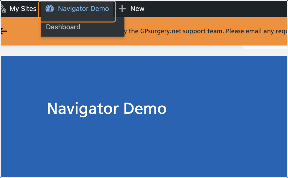 The practice name selected in the Admin Toolbar.