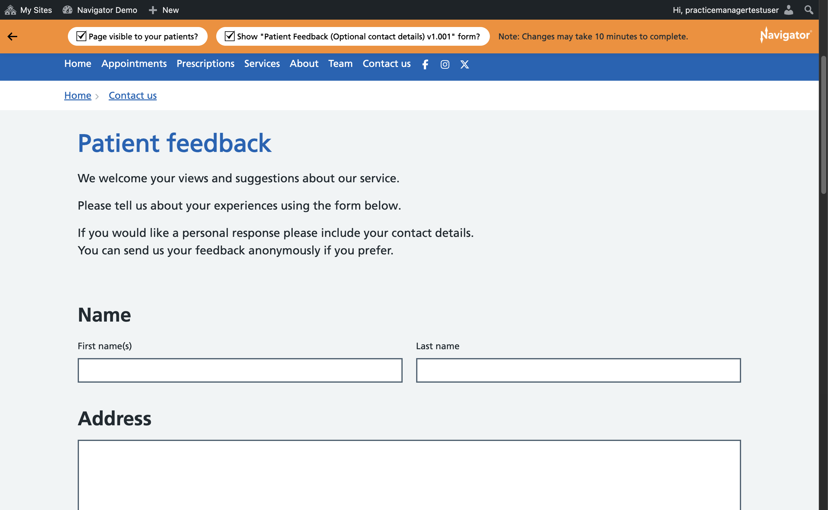 The Patient feedback page with the form visible.