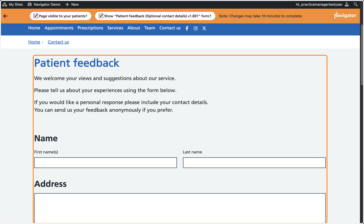 The Patient feedback page with the form visible.