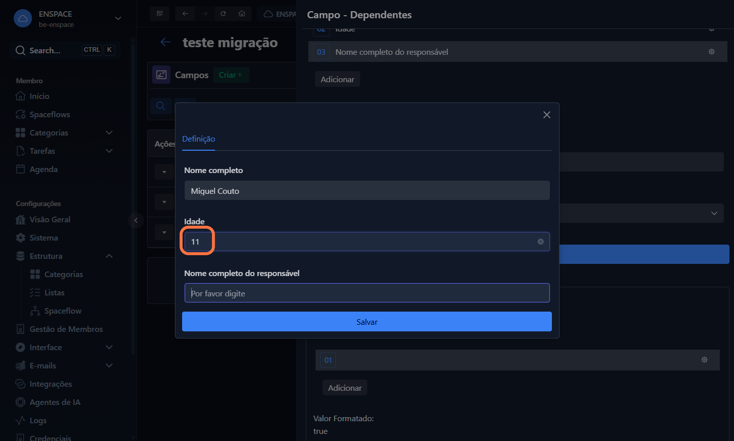 Com o subcampo "Idade" já preenchido, validamos o funcionamento da condicional configurada
