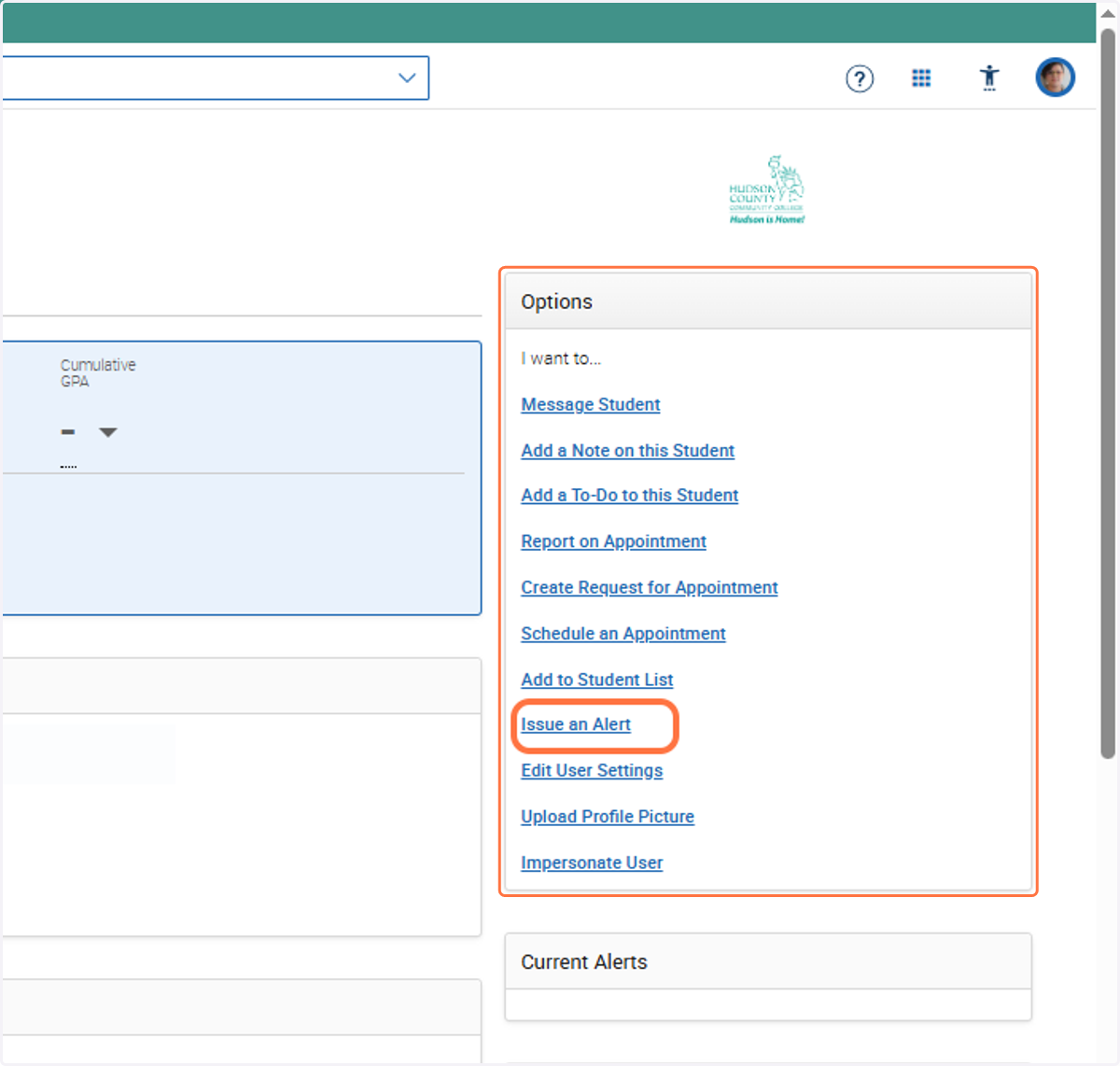 Issuing an Alert on the Student Profile