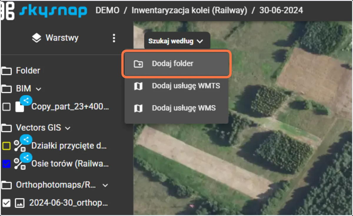 Klikając w ikonę trzech kropek przy nazwie sekcji, możesz skorzystać również z funkcji "Dodaj folder", aby uporządkować swoje dane..