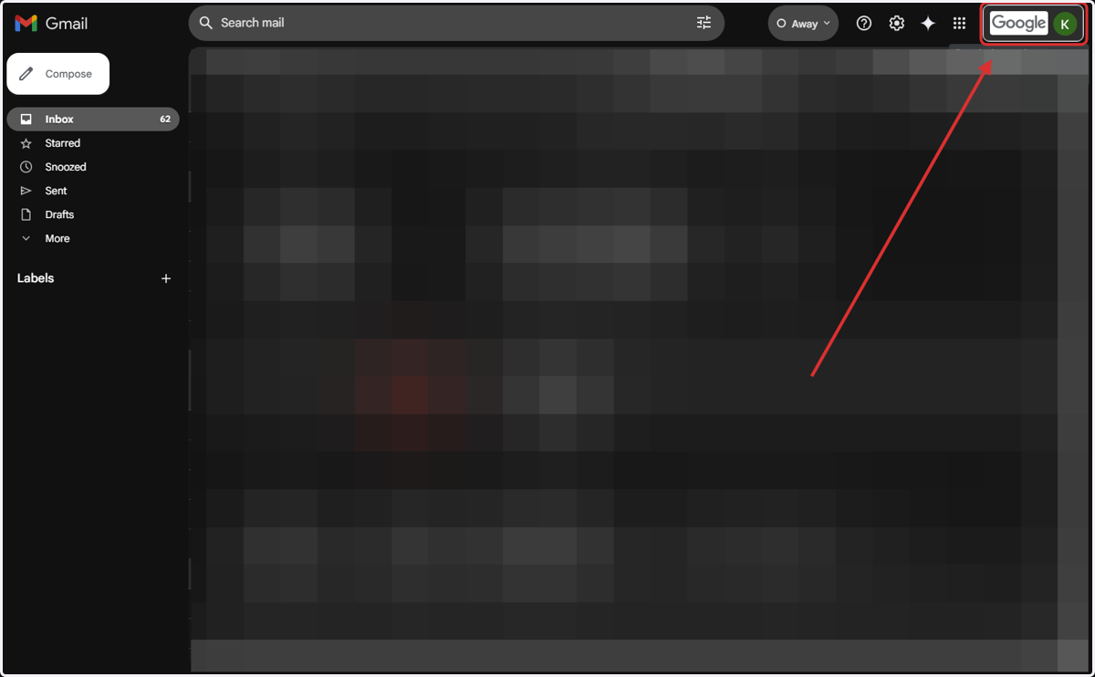 1. First, log into your Gmail and click on your "Google Account" icon at the top-right.