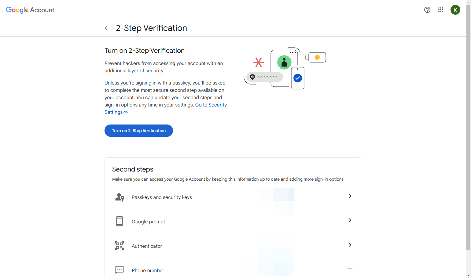 5. Next, click the "Turn on 2-Step Verification" button to enable it.