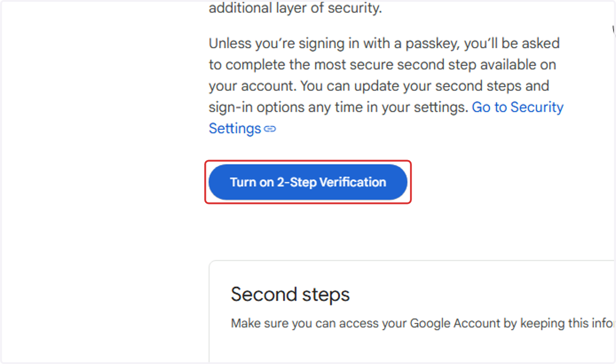 5. Next, click the "Turn on 2-Step Verification" button to enable it.