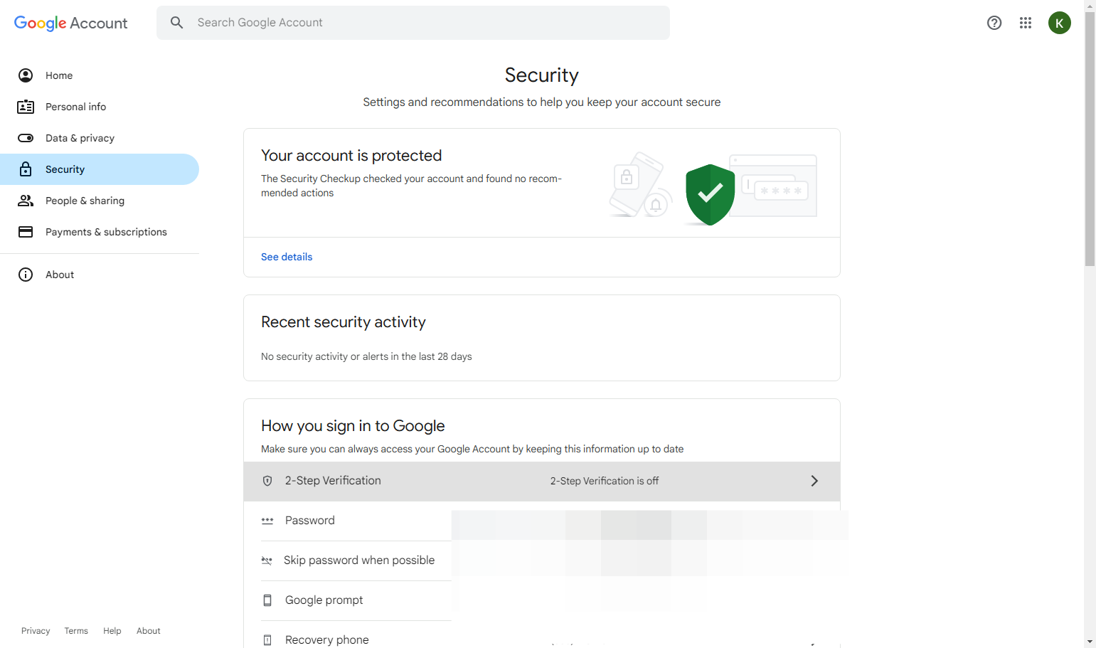 4. Before enabling the "App Password", we must ensure that we have "2-Step Verification" enabled. If it is turned off, please select the option to enable it.