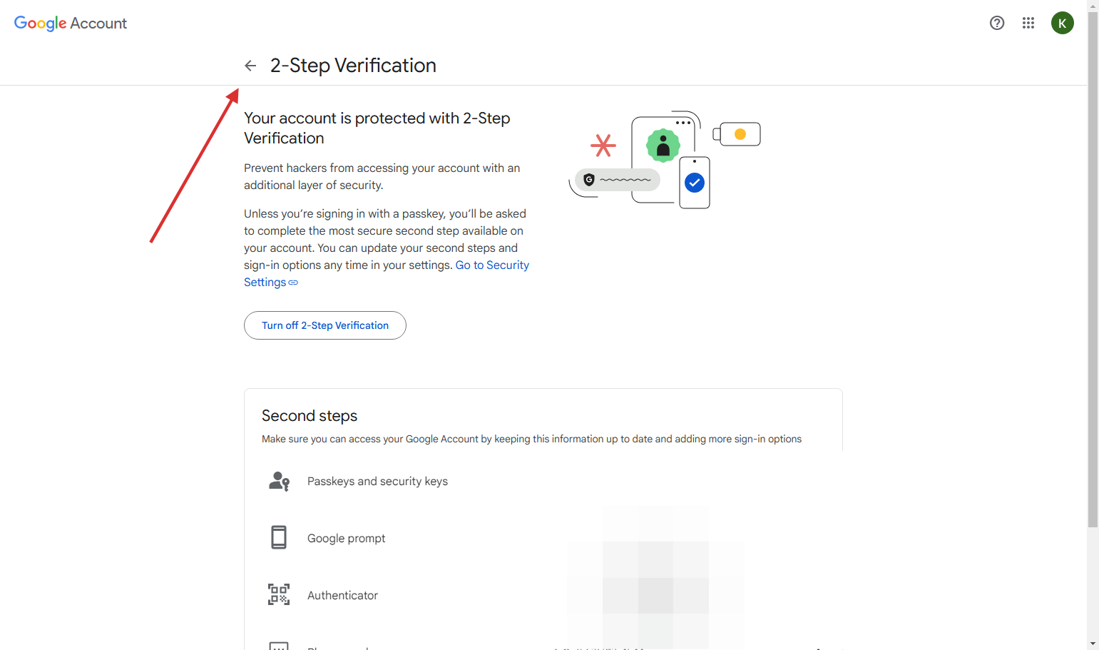 6. After enabling, click on the "←" next to the title labeled "2-Step Verification".