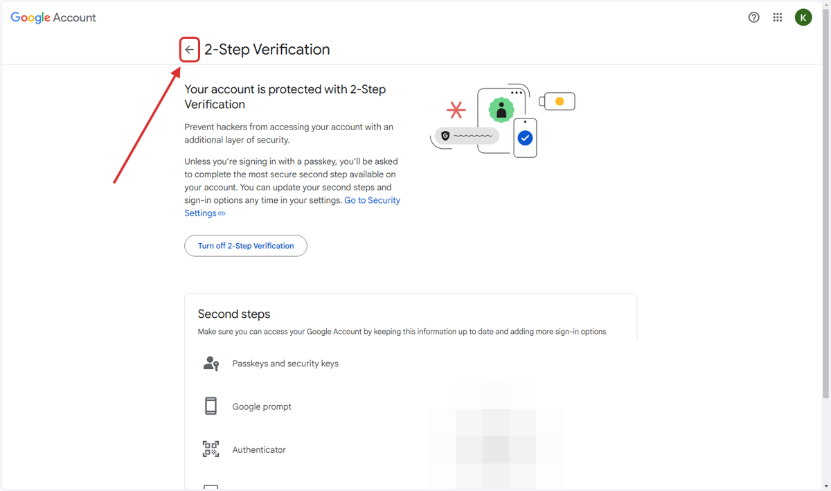 6. After enabling, click on the "←" next to the title labeled "2-Step Verification".