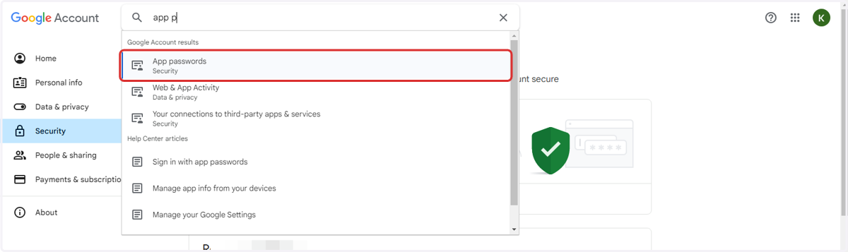 7. Next, at the top of the screen click into the "Search Bar" and type in the word "App". Then, select the "App passwords" option.