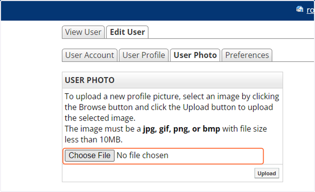 Click Choose File to select a photo. You can choose a jpg, gif, png, or bmp photo file for your profile image.