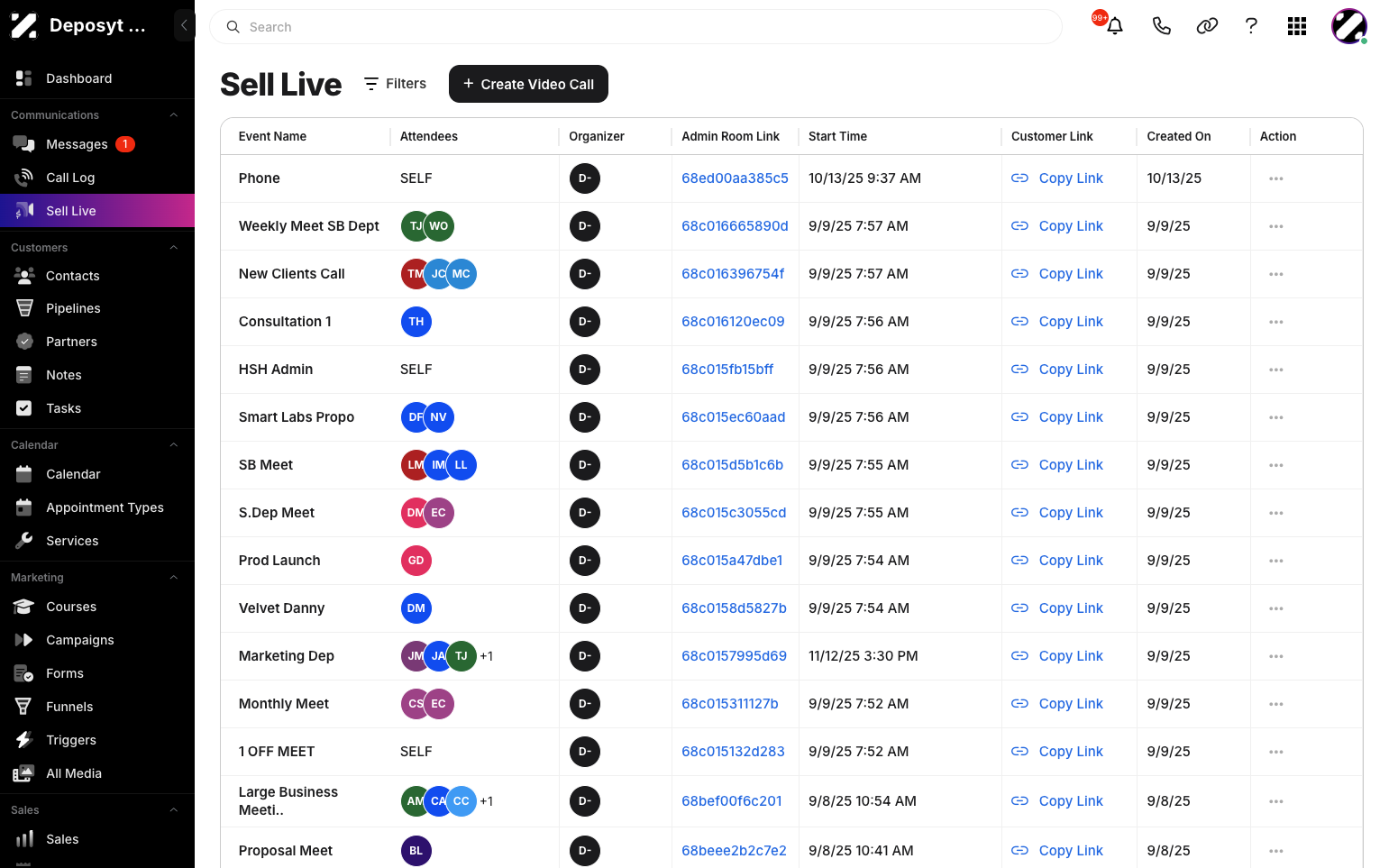 Step 2: You will now be navigated to the Sell Live Module. The Sell Live module is a built-in video call feature inside the system that allows users to create, schedule, manage, and share live video call links with customers.