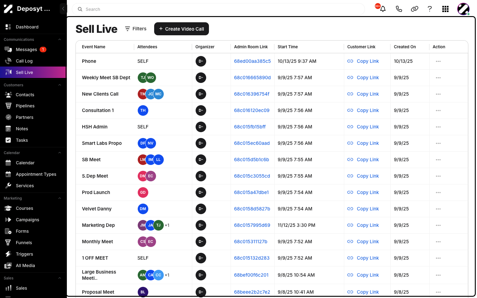 Step 2: You will now be navigated to the Sell Live Module. The Sell Live module is a built-in video call feature inside the system that allows users to create, schedule, manage, and share live video call links with customers.