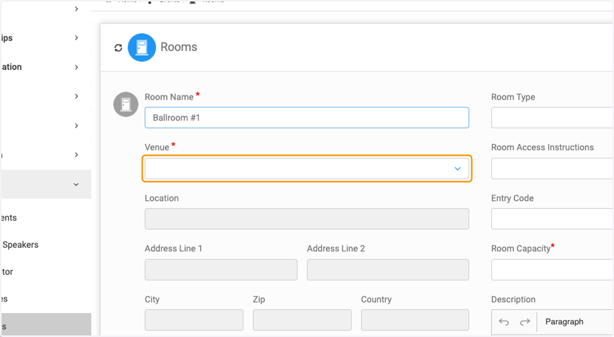 Select the venue that the room is attached to.