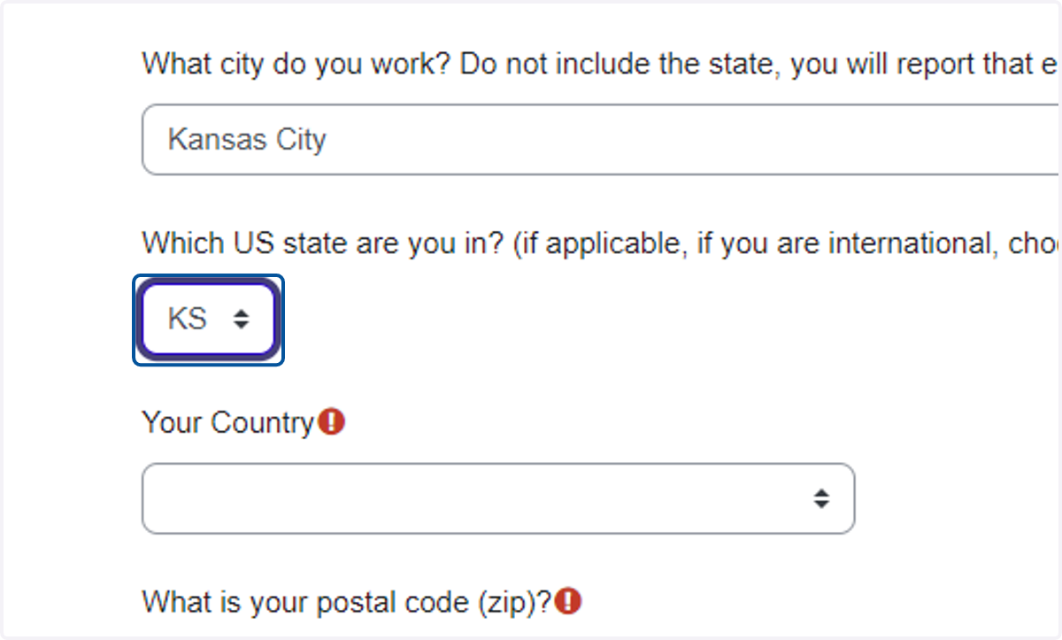 Select KS from Which US state are you in? (if applicable, if you are international, choose KS)