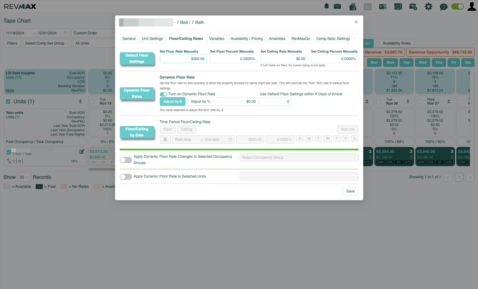 You will see the default FLOOR RATE which is applied to all dates except where there was a reservation the prior year.