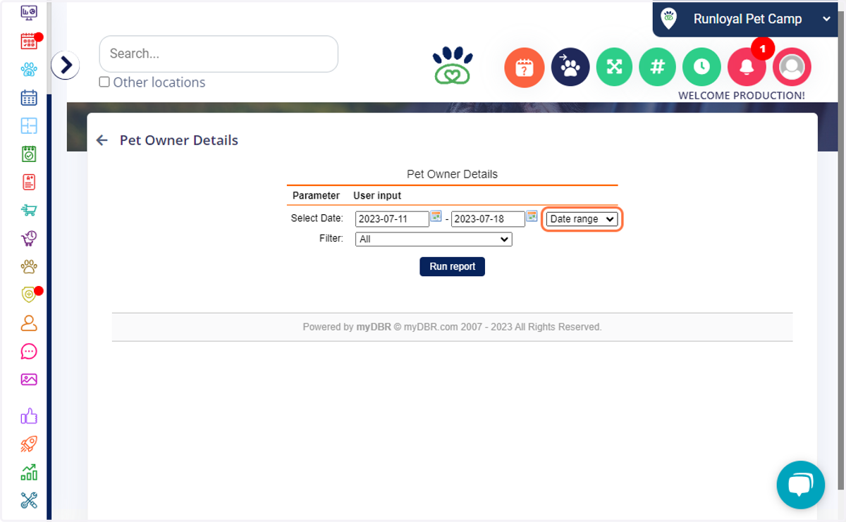 Select a Date range and click run report.