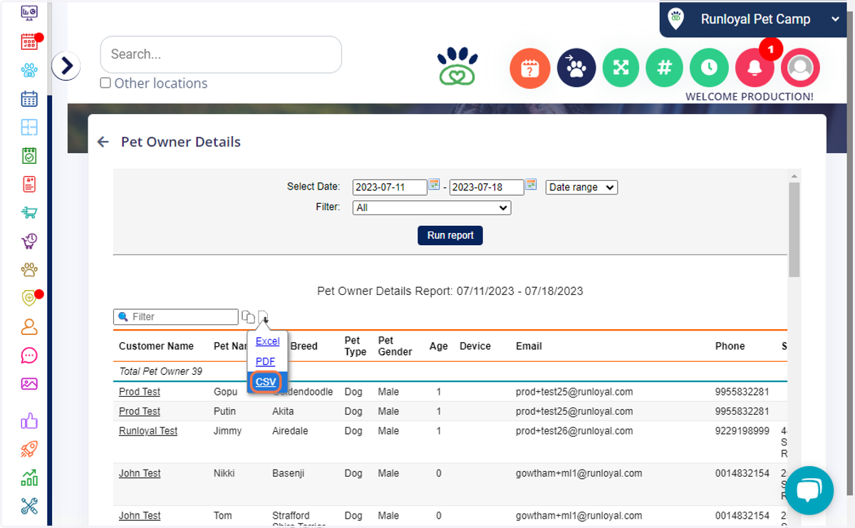 Click on which file format you would like to download, CSV, Excel, or PDF. We typically suggest CSV file formats.