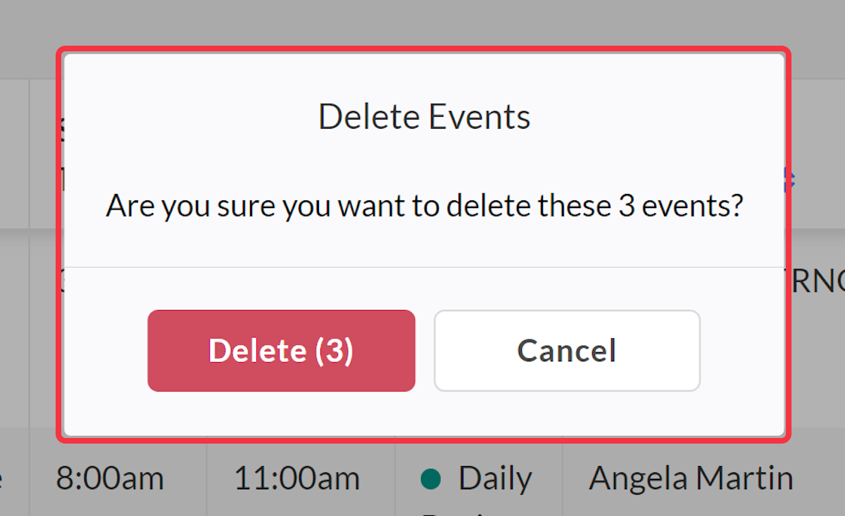 After selecting trash can icon to bulk delete an alert will appear.