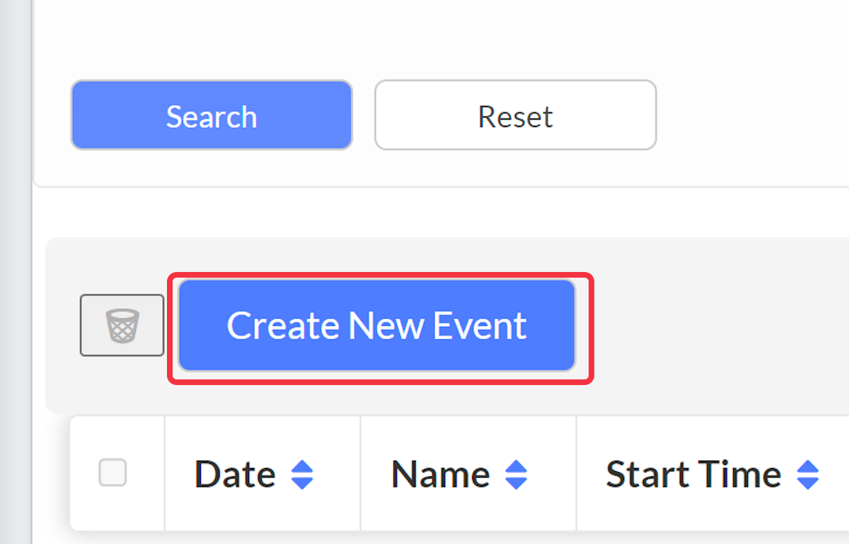 Creating a new event from the event list by selecting on Create New Event.