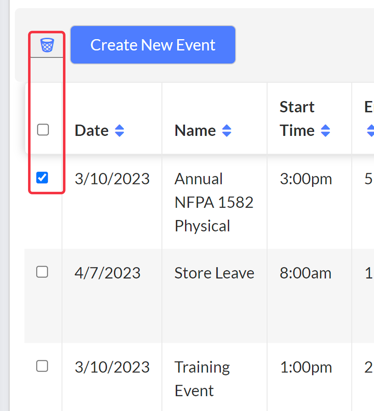 To bulk delete events with check boxes.