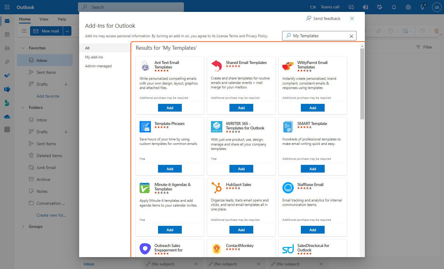 The add-in should appear in the Results for 'My Templates." Click on the Add button to install "My Templates" and then proceed to step 8. If My Templates did not appear in the search results, proceed to the next step.