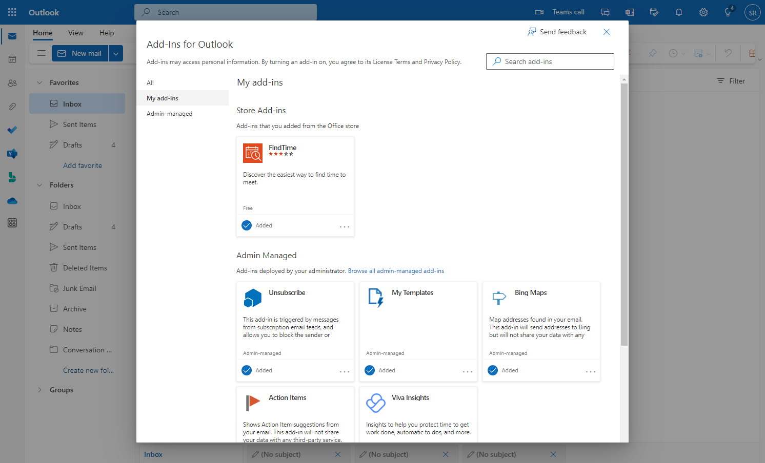 "My Templates" appears on the "My add-ins" page because it was previously installed.