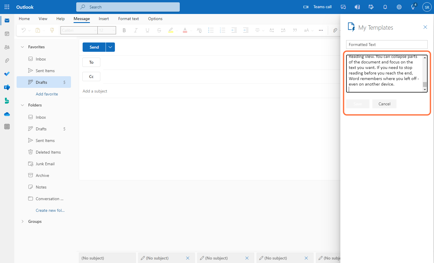 Paste formatted text into template text box.