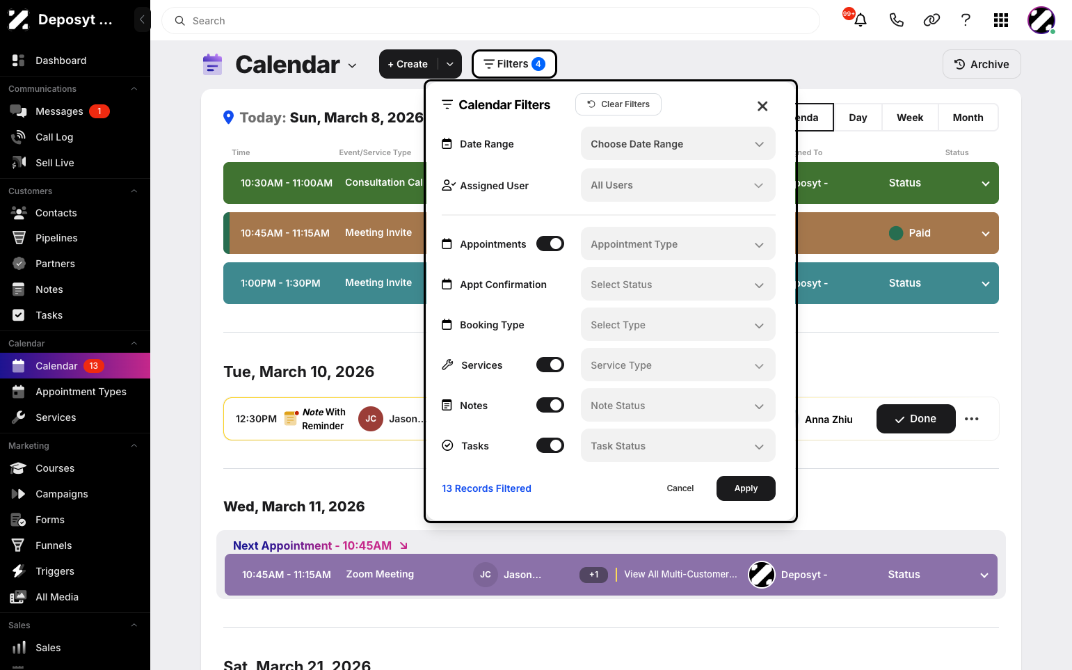 Step 4: The filtering pop-up menu will appear, allowing you to set your desired filter criteria. You can filter your tasks by date range, assigned users, appointment type and confirmation, booking type, services, notes, or tasks.