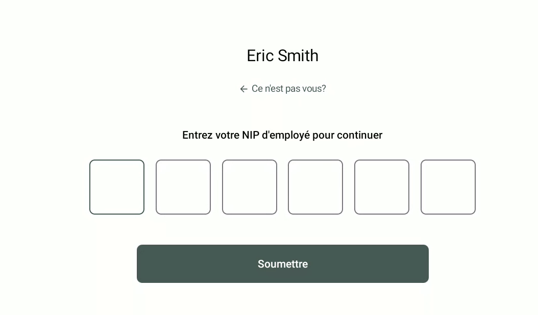 Entrez votre PIN employé. (Ce PIN peut être ré-initialisé dans le portail d'administration du programme de cartes-cadeaux dans la page détails d'un employé).
