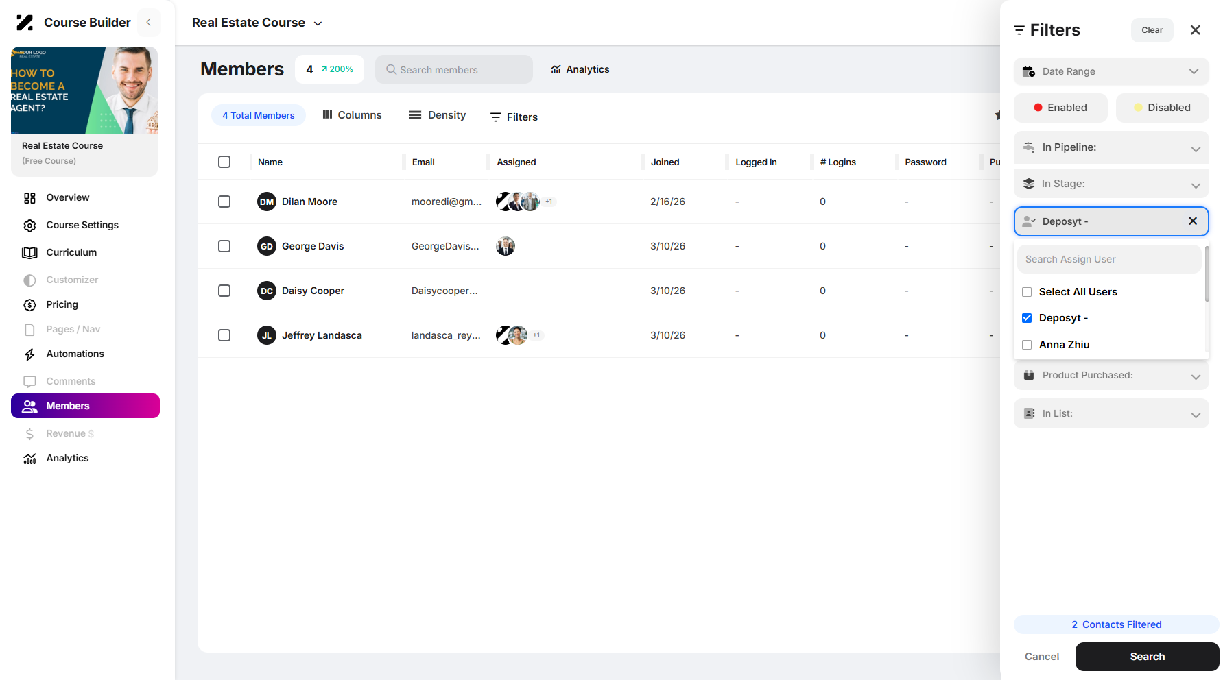 Step 7: As an example, select a user to filter members by assigned user.