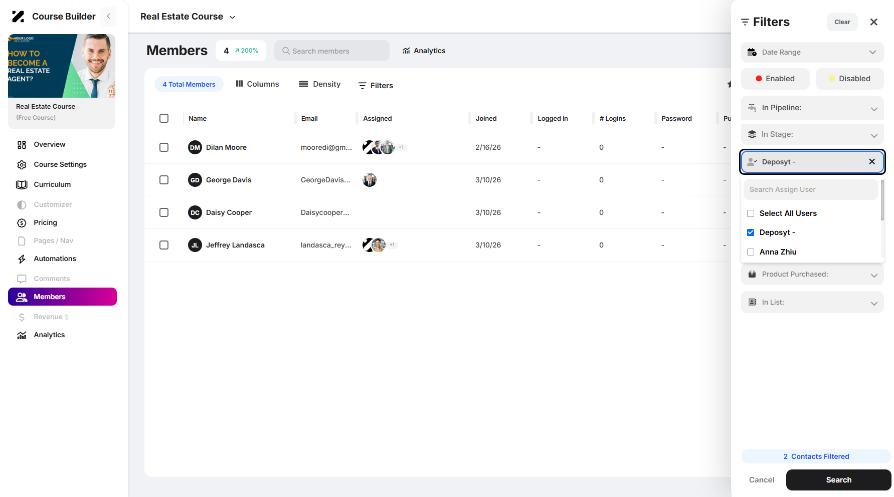 Step 7: As an example, select a user to filter members by assigned user.