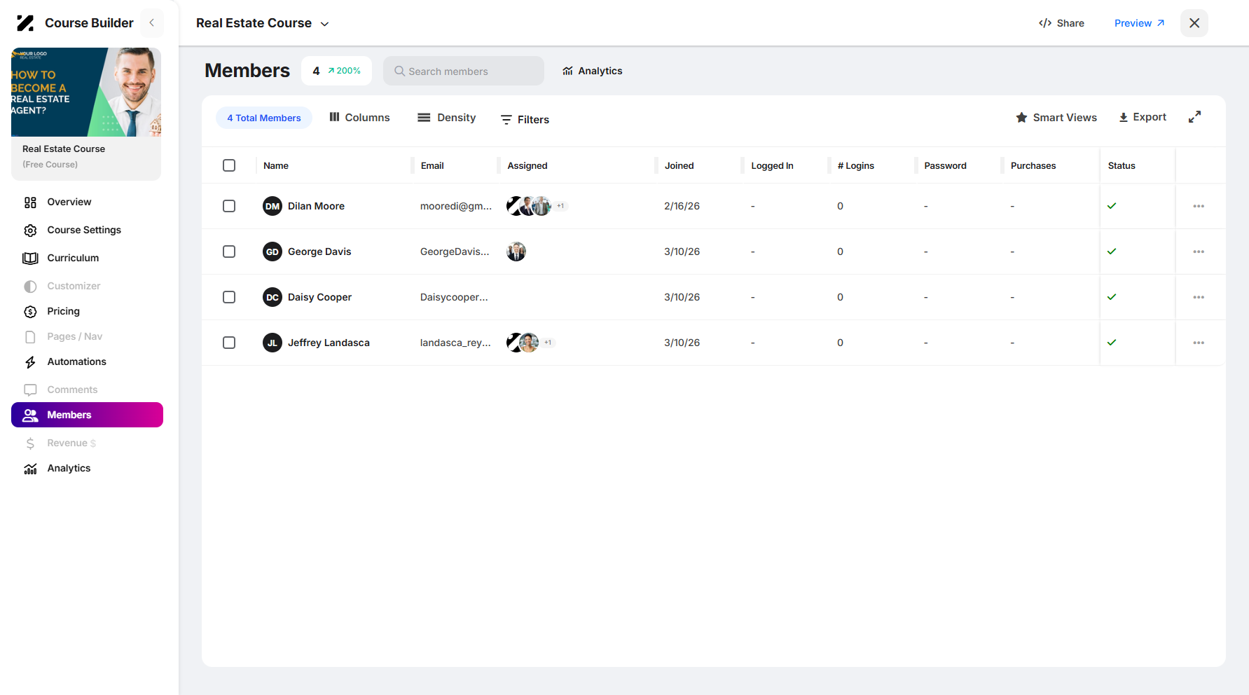 Step 4: You will then be navigated to the selected course Members page.