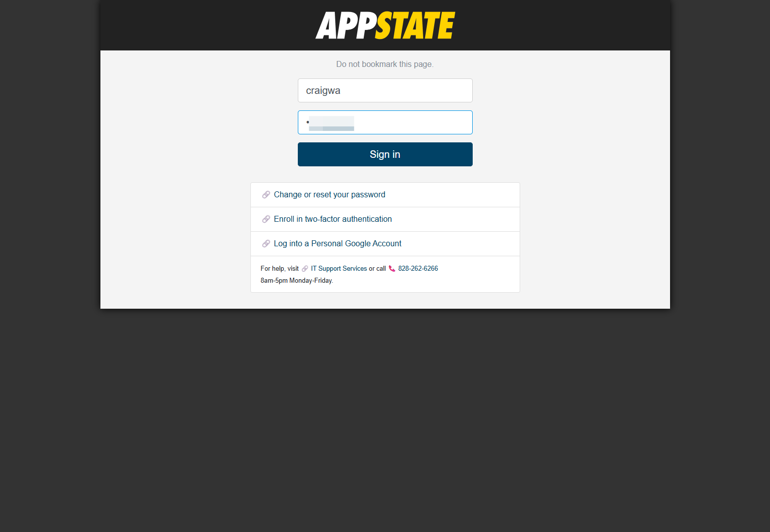 Type your App State username and password