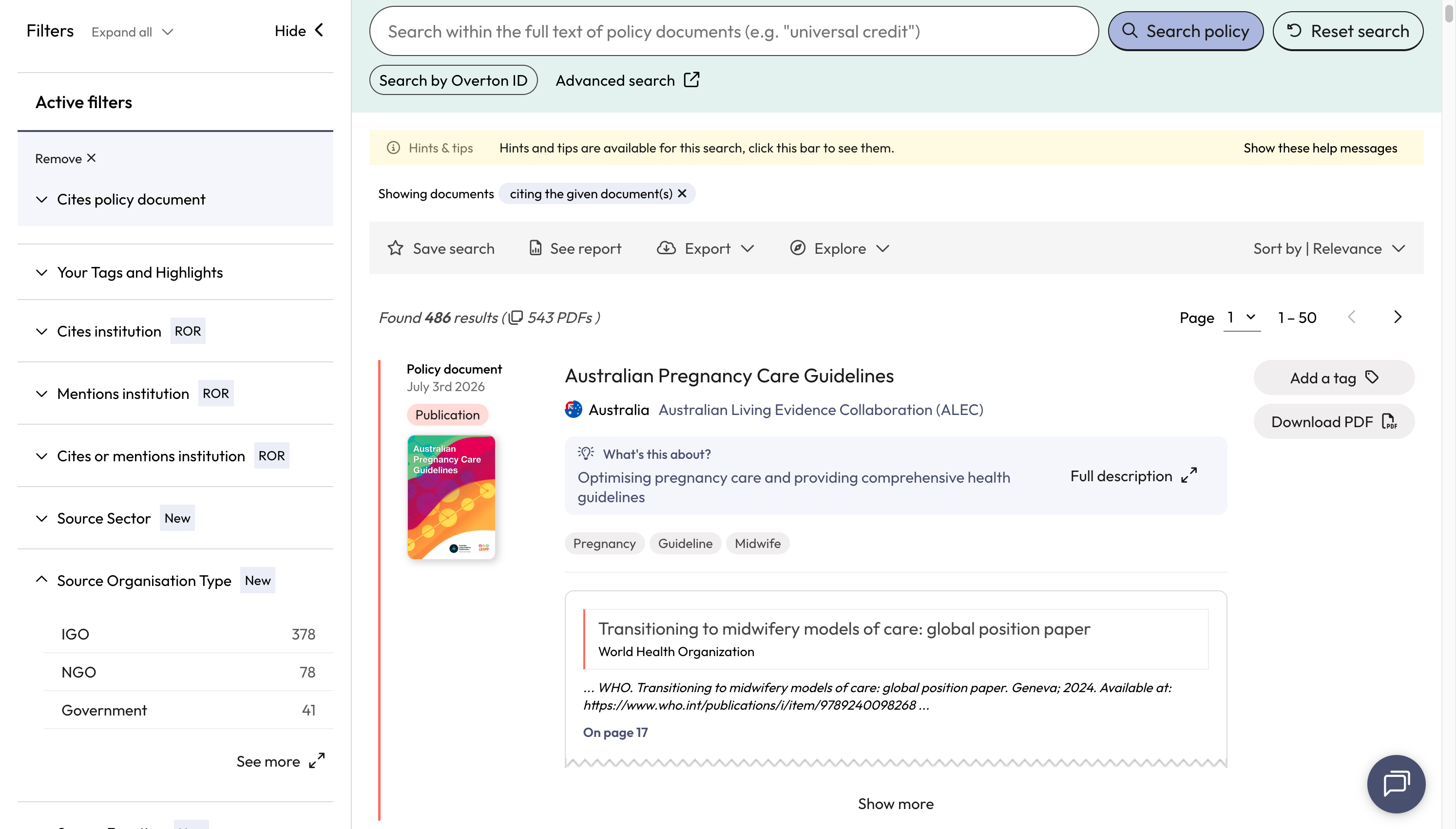 Your results will be for the 'second order' citations - so the policy documents that cite the documents that cite original document "The State of the World's Midwifery 2021 from the UNFPA."