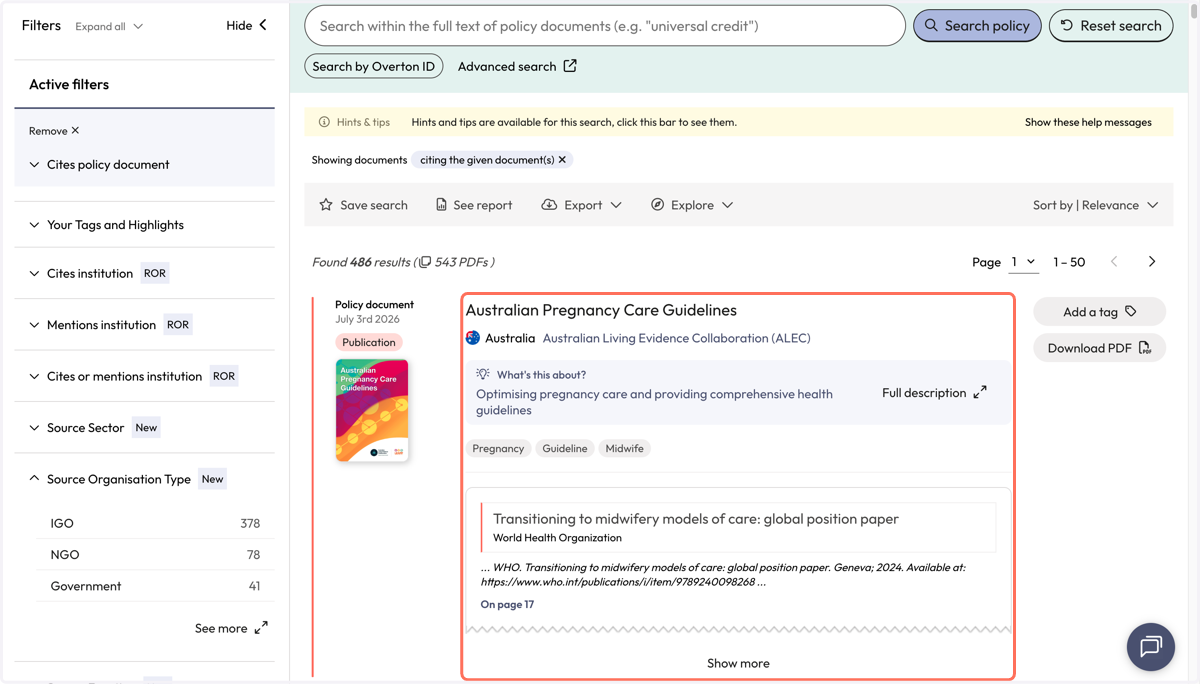 Your results will be for the 'second order' citations - so the policy documents that cite the documents that cite original document "The State of the World's Midwifery 2021 from the UNFPA."