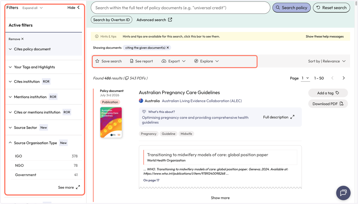 Use filters to narrow down results and use the grey action bar to save a search, generate a summary report, export* or continue to explore further.