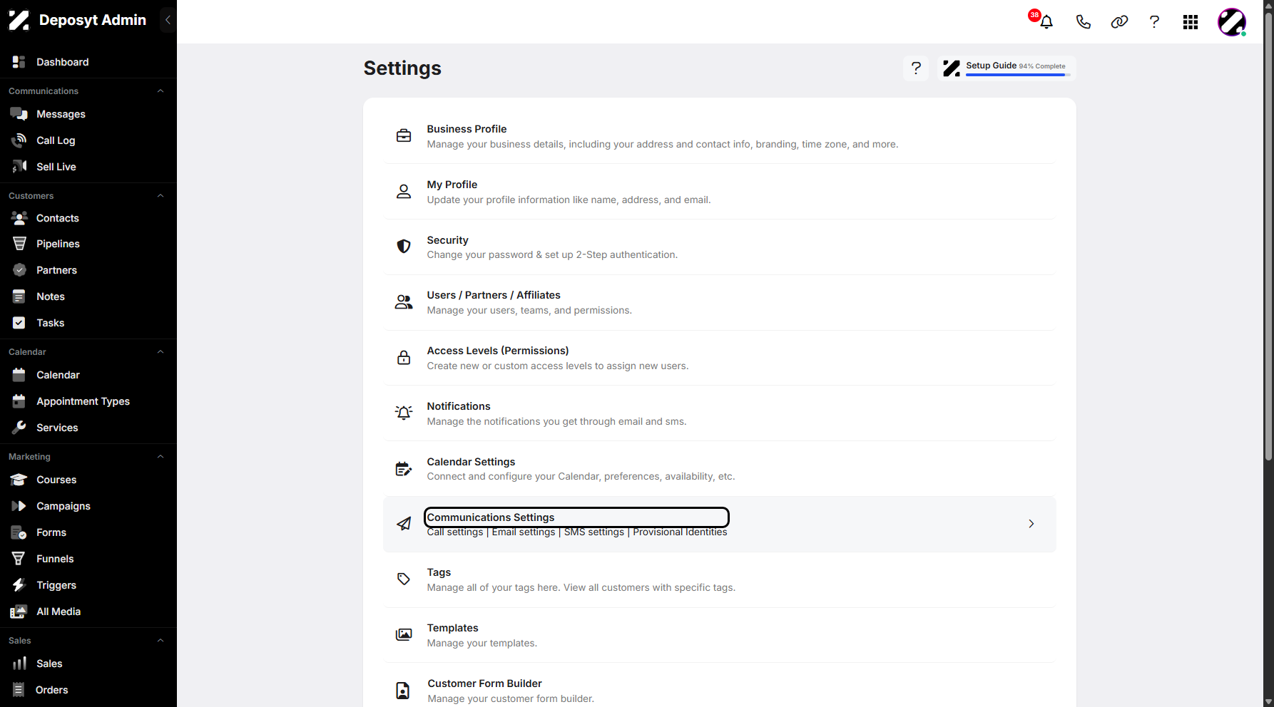 Step 3: You will then be taken to the Settings page. Click on Communications Settings to continue.