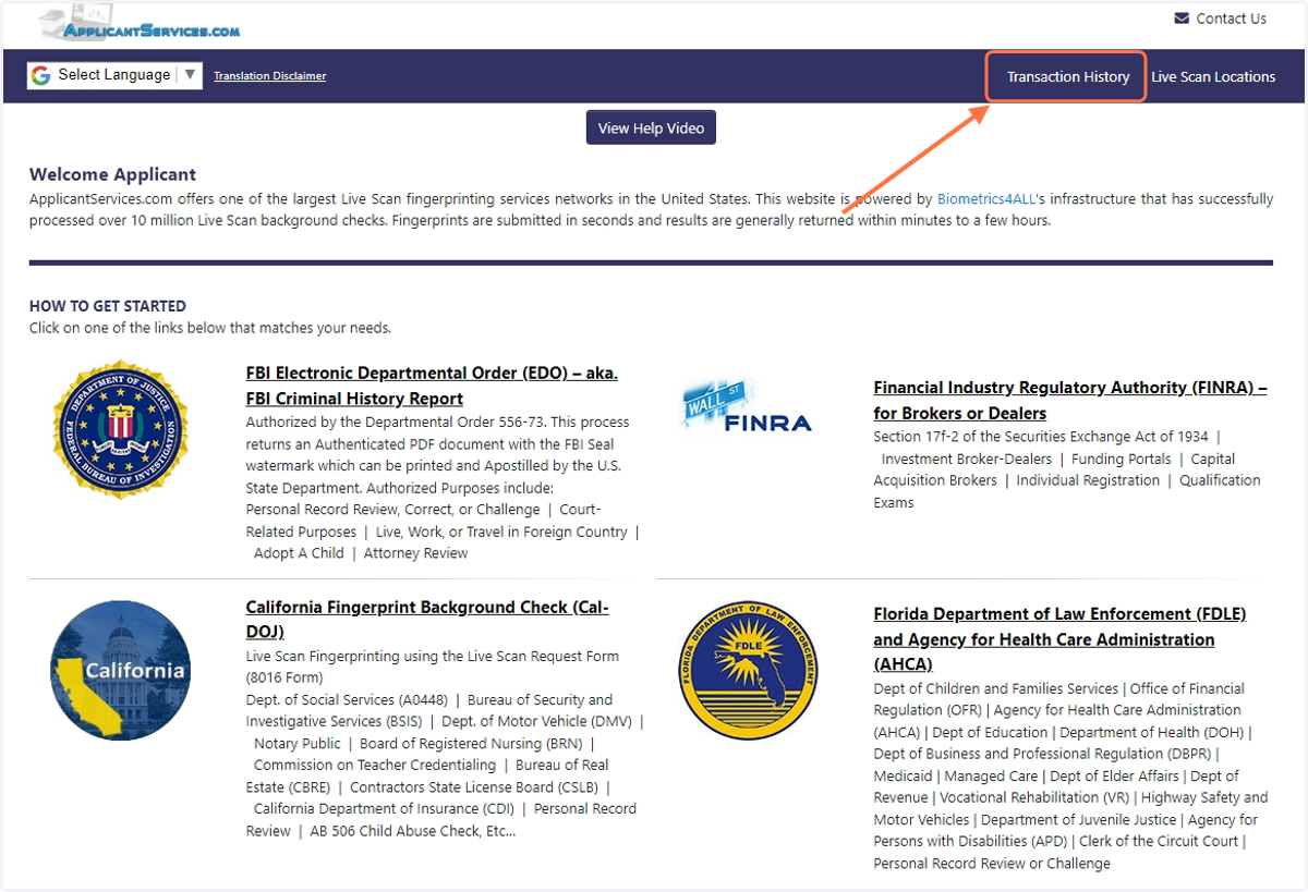 Click on the "Transaction History" menu option at the top of the page
