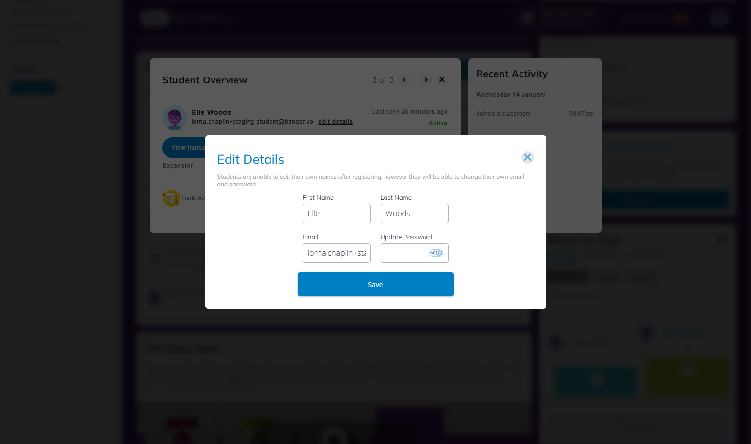 Enter a new password for the student.