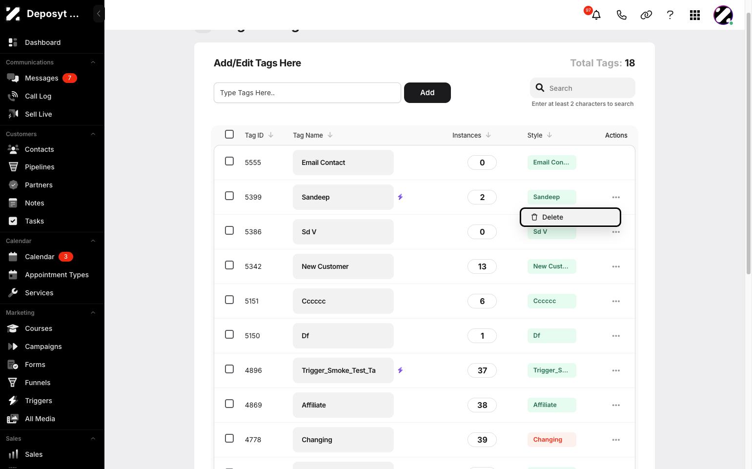 Step 6: If you want to delete a tag, click the three-dot menu, and the Delete option will appear. Click it, and if prompted to confirm, click Yes.