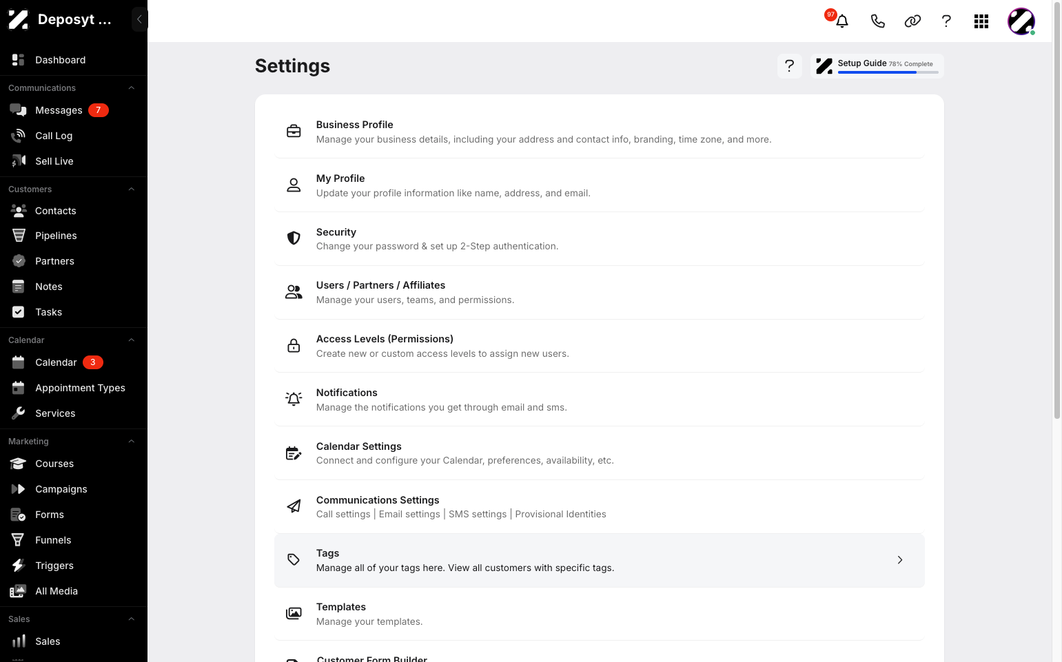 Step 3: You will then be taken to the Settings page. Click on Tags to continue.