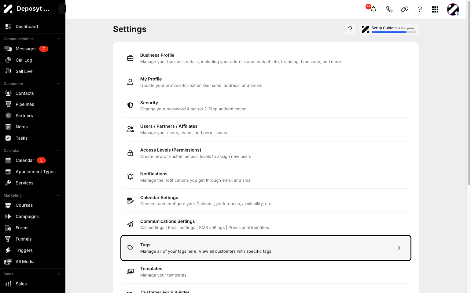 Step 3: You will then be taken to the Settings page. Click on Tags to continue.