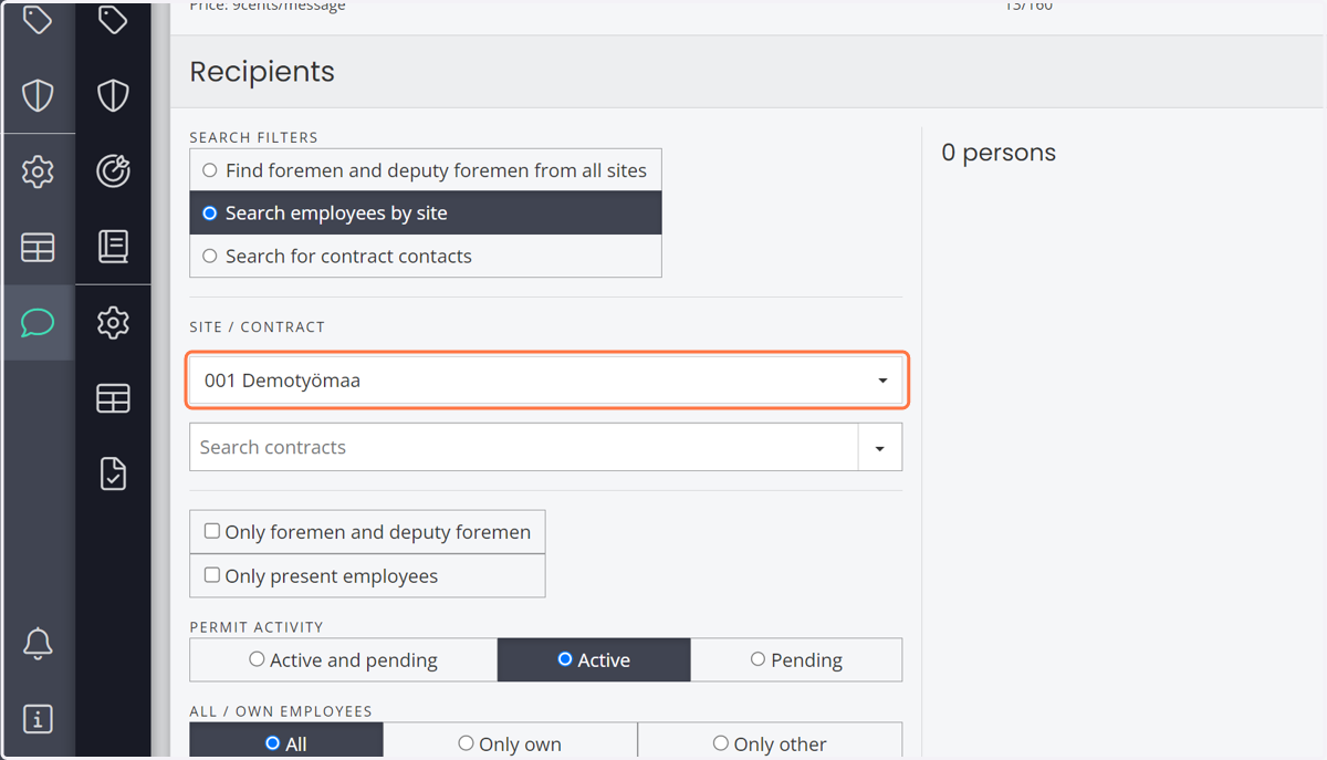 Select the work site to which the message is directed.